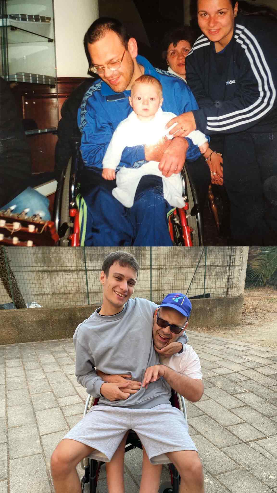 Collage di due foto con una persona sulla sedia a rotelle che tiene in braccio un neonato e un ragazzo